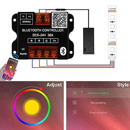 RGBZONE RGB Bluetooth LED Controller, DC5-24V 30A Smart APP Dimmable Strips Light Controller 16 Million Colors Music & Alarm Modes for 5050 3528 LED Strip Lights, Metal Shell - color: RGB