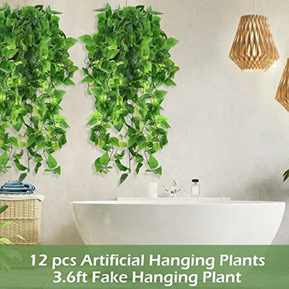 Hoteam 12 Pcs Artificial Hanging Plants 32 Inch Fake Ivy Vines with Fake Leaves Patio Artificial Plants Greenery for Living Room Indoor Outdoor Wall, No Basket (Pothos) - color: Pothos