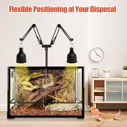 Dual Arm Reptile Lamp Stand, Adjustable Height 15.7-74.3 in, Holds 2 Dome Lampshades or Heat Fixtures, for Bearded Dragon, Turtle, Snake, Lizard,Chicken Tank Glass Terrarium