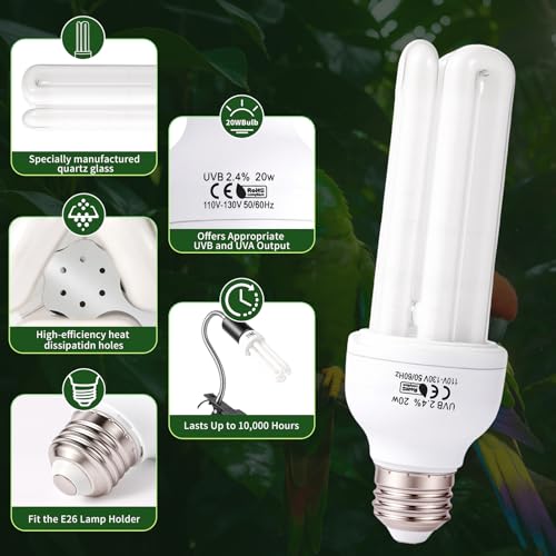 Bird Cage UVB Light Combo Kit, Avian Sun Lamp 2.4% UVB UVA 20W Compact Fluorescent Bulb for All Kinds Captive Birds, 2 Bulbs Included