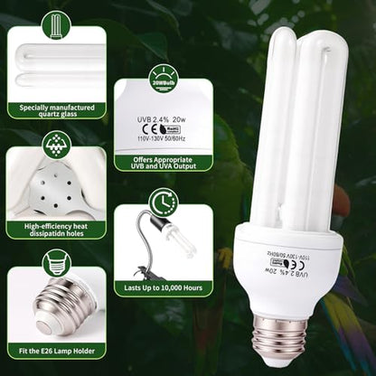 Bird Cage UVB Light Combo Kit, Avian Sun Lamp 2.4% UVB UVA 20W Compact Fluorescent Bulb for All Kinds Captive Birds, 2 Bulbs Included