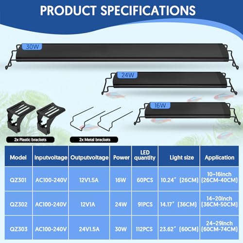 QZQ LED Aquarium Light, 30W Fish Tank Light with 24/7 Lighting Mode, Timer, DIY Mode, Adjustable Brightness, Full Spectrum Aquarium Plant Light with Extendable Brackets for 24-29 Inch Fish Tank - size: 30W for 24-29 inch tank