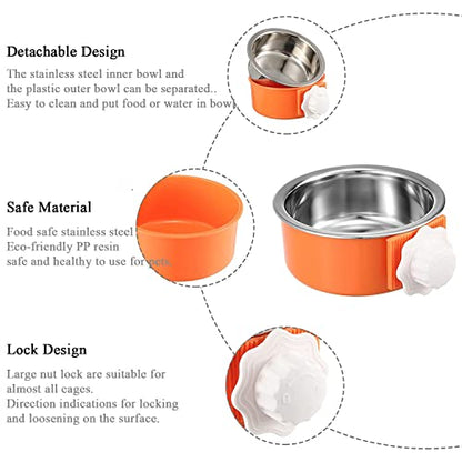 Dog Crate Bowl, Hanging Stainless Steel Removable Pet Crate Water & Food Bowls, Pet Cage Feeder Container Coop Cup for Cat Puppy Birds Rats Guinea Pigs Rabbit Hamster (2PCS) - color: (Round) Orange/Grey