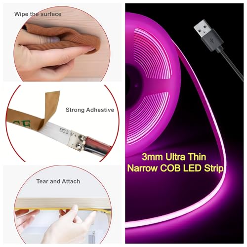 3mm Ultra-Narrow USB Cob Led Strip Lights 5v Dotless Self-Adhesive Gaming Desk Bedroom Tv Backlight (Purple, 4ft) - color: Purple, size: 4ft