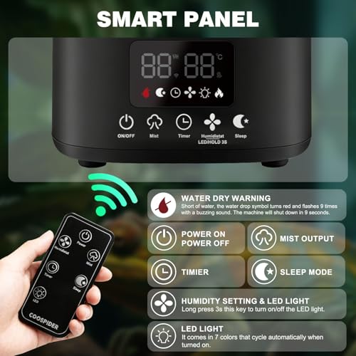 COOSPIDER Reptile Fogger Humidifier, Automatic Humidifiers for Reptiles Tank, Terrarium Humidifier with Timer Humidity Control, Reptile Mister for Amphibians Herps Vivarium (Black, 5L/1.32GAL) - color: Black