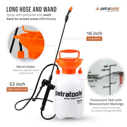Petratools 1 Gallon Pump Sprayer – HD101 Garden Sprayer for Weeds, Lawn Care & Pesticides – 52” Long Hose, 2 Nozzles & Easy Carry Handle – Durable & Lightweight - size: 1 Gallon