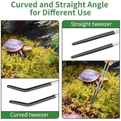 3PCS Reptile Feeding Tongs with Rubber Tips, 10.6" Stainless Steel Tweezers & Spoon Set with Storage Bag for Bearded Dragons, Geckos, Turtles, Tank Accessories
