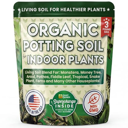 Organic Potting Soil for Indoor Plants. Boost House Plant Growth for Monstera, Fiddle Leaf, Money Tree, Pothos, Snake Plant, Aroid, Flowers, Herbs, Veggies, & More, Smart Grower 3 LB Ready to Plant