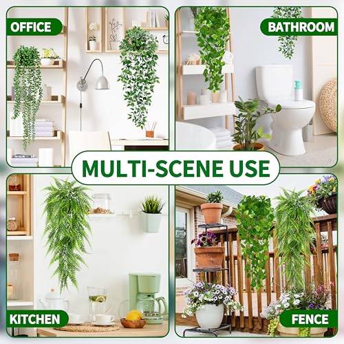 Palonu Artificial Hanging Plants for Shelf, 4 Pack Fake Potted Greenery Plant Faux Mandala Vine, String of Pearls, Ivy Vine,Persian Grass Fern in Pot for Desk Home Bathroom Farmhouse Room Table Decor