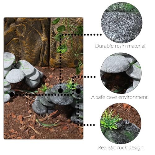 IBWell Resin Reptile Hides Pebble Shrimp Hides for Aquarium Tank Terrarium Reptile Rock Hide with Grass Fish Tank Caves and Hides Reptile Hideouts for Lizard Snake Gecko - color: Rocks grey and grass green