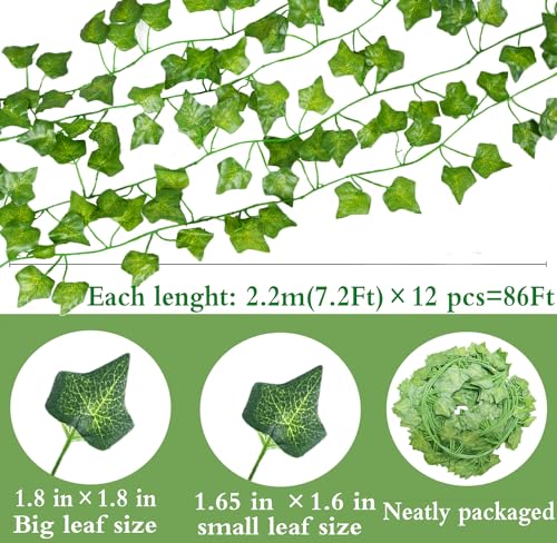 12 Pack 86Ft Artificial Ivy Garland Fake Plants, Fake Ivy Leaves Greenery Garlands Hanging Plant Vine for Aesthetic Bedroom Garden Party Wedding Wall Room Christmas Décor