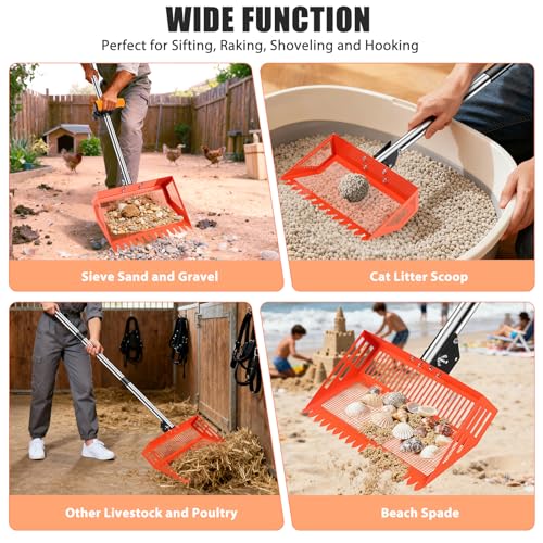 15/10'' Chicken Poop Scooper & Rake,4 IN 1 Chicken Coop Scoop with 2 Large Metal Shovel Heads,Chicken Coop Scooper for Sand,Chicken Scoop with Long Handle,Sifting Shovel for Chicken Coops(37 to 65in)