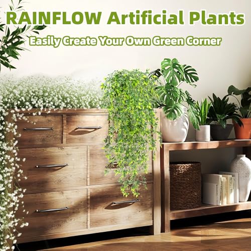 RAINFLOW 3PCS Fake Hanging Plants Lifelike Faux Plants Indoor with 45 Green Leaves, Fake Ferns for Shelf Office Shower Boho Wall Balcony Outdoor Wedding Bedroom Decor (Maple Leaf Fern)