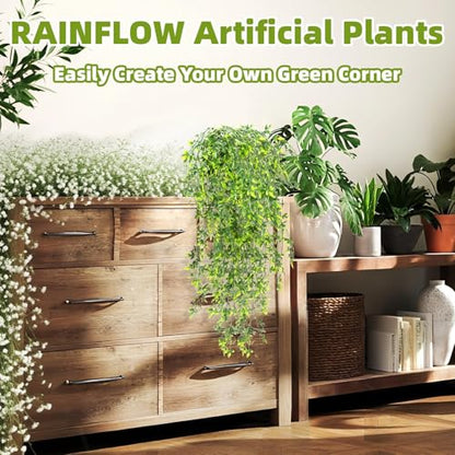 RAINFLOW 3PCS Fake Hanging Plants Lifelike Faux Plants Indoor with 45 Green Leaves, Fake Ferns for Shelf Office Shower Boho Wall Balcony Outdoor Wedding Bedroom Decor (Maple Leaf Fern)