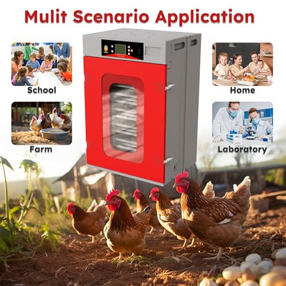 Commercial Digital Egg Incubator, 400-Egg Capacity, 360° Auto-Turning System with Digital Control, Red and Gray Cabinet, Temperature and Humidity Monitoring