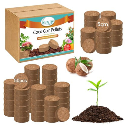 Legigo 50 PCS 50mm Coco Coir Pellets Potting Soil Mix- Compressed Coconut Coir Discs Seed Starting Soil Pellets, Coco Peat Soil Pods for Indoor & Outdoor Plants, Gardening Herbs Bonsai and Vegetables - color: 50mm
