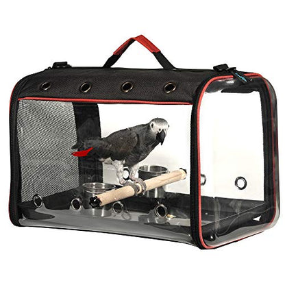 Colorday Lightweight Bird Carrier Travel Cage, Large 19x12x13 inch | For Travelers, Parrot Feeder Cups Included, Standing Perch Included, With Tray, Black