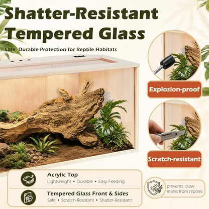PROLEE Bearded Dragon Tank,Wooden Reptile Tank and Lizard Tank,Tempered Glass Large Bearded Dragon Enclosure with Built-in Lamp Fixture (40X20X20inch,65 Gallons) - color: Wooden Roof, size: 40X20X20inch,65 Gallons
