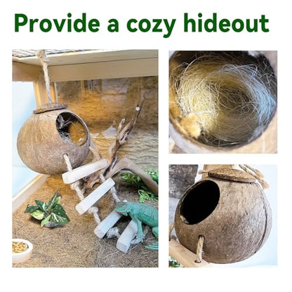 Tfwadmx Crested Gecko Coconut Hide,Leopard Gecko Coco Hut Hideout Cave with Ladder,Reptile Hanging Coconut Hut & Climbing Vine,Ideal Habitat Accessory for Hermit Crab, Snake,Lizard