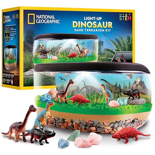 National Geographic Light-Up Dinosaur Terrarium Kit for Kids – Build a Prehistoric Habitat with Play Sand, Real Gemstones & Dino Figures, Science Activity Kit for Boys & Girls
