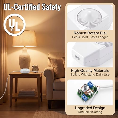 2 Pack Upgraded Inline Dimmer Switch for Lamp Cord, Full Range Rotary Dimmer Switch for Lamps & Pendant Lights, UL Certification, No Solder for Dimmable LED, Incandescent & Halogen Bulbs (White)