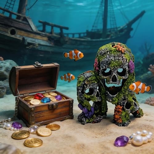 Betta Fish Tank Decorations Hideout - Triple Skull Hiding Cave for Aquarium, Resin Ornament with Artificial Moss Texture and Multiple Entrances for Shrimp, Small Fish - 7.3x4.9x6.1inch