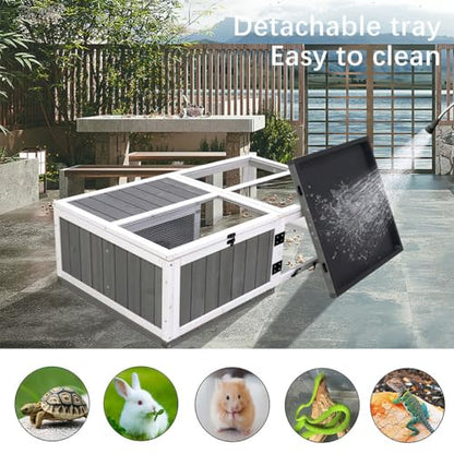 43" Wooden Tortoise Habitat Indoor Outdoor, Large Tortoise Enclosure with 2 Rooms, Waterproof Tray & Acrylic Window, Reptile Terrarium Cage Reptiles Feeding Box for Turtles Lizards Snakes, Grey