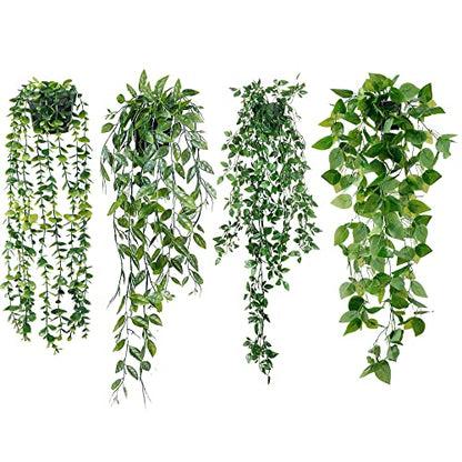 Sggvecsy Fake Hanging Plants 4 Pack Artificial Hanging Eucalyptus Plants Fake Potted Greenery Faux Eucalyptus Mandala Vine Ivy Vine Leaves Pea Pod for Home Indoor Outdoor Wall Garden Decor