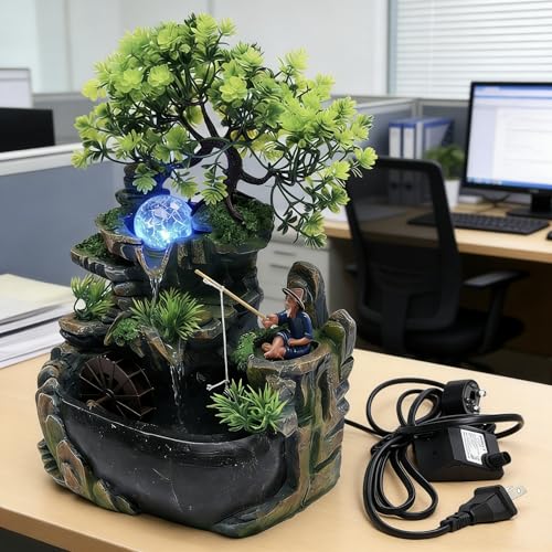 11.81in Rockery Tabletop Fountain Indoor Waterfall Fake Bonsai Desk Decor | Feature Mini Water Fountain Desktop Decor Humidifier with Pump and LED Light, Home Office Bedroom Relaxing (No Atomizer)