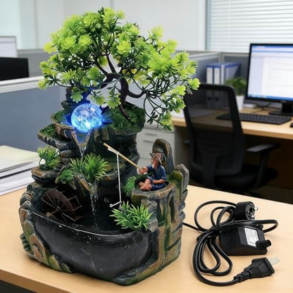 11.81in Rockery Tabletop Fountain Indoor Waterfall Fake Bonsai Desk Decor | Feature Mini Water Fountain Desktop Decor Humidifier with Pump and LED Light, Home Office Bedroom Relaxing (No Atomizer)