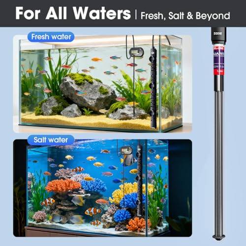 MQ Submersible Aquarium Heater Auto Thermostat, 500W Fish Tank Heater with LCD Digital Aquarium Thermometer, Shatter-Proof and Blast-Proof - size: 500W for 55-80 Gallon