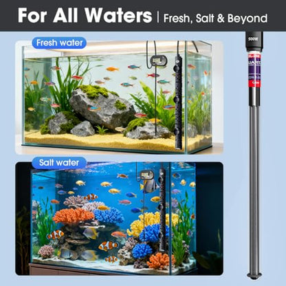 MQ Submersible Aquarium Heater Auto Thermostat, 500W Fish Tank Heater with LCD Digital Aquarium Thermometer, Shatter-Proof and Blast-Proof - size: 500W for 55-80 Gallon