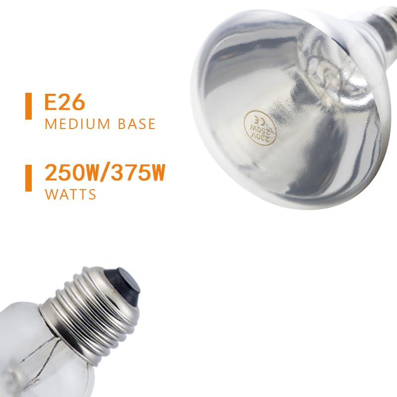 2 Pack 250W Heat Lamp Clear Infrared Bulbs Glass Lamp Bulb for Food Service, Brooder Bulb, Chicks, Pet, Bathroom, Light Therapy Use E26 Base, Flood Light Heat Lamp - color: 250w/Clear