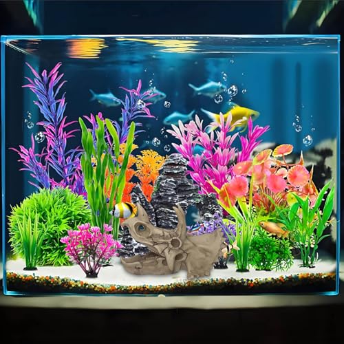 6 Inch Realistic Dinosaur Skull Aquarium Decor - Triceratops Resin Decor with Hideout Holes for Fish Tanks, Reptile Terrariums & Aquatic Habitats, Safe Underwater & Dry Habitat Ornament (A)