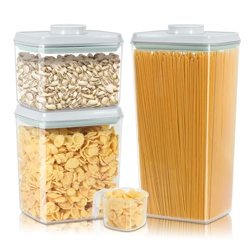 3 Pack Flour and Sugar Storage Containers with Pop-up Lid, 1.26Qt + 2.11Qt + 3.48Qt Food Storage Container for Rice, Spaghetti, Pasta, Nuts, Snack, Candy, Dog Treat, Kitchen Pantry Organization