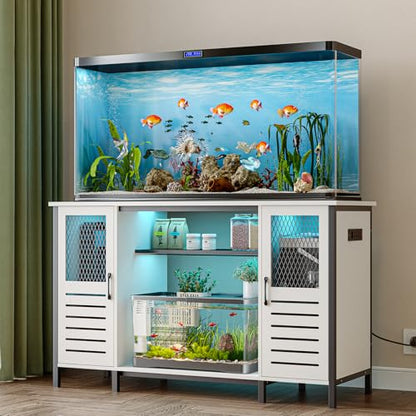 EAG 55-75 Gallon Fish Tank Stand with Power Outlets & LED Light, Heavy Duty Aquarium Stand with Adjustable Shelves, Turtle Reptile Terrarium Tank Stand with Cabinet, 1250LBS Capacity, White