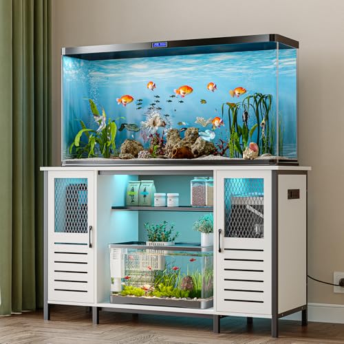 EAG 55-75 Gallon Fish Tank Stand with Power Outlets & LED Light, Heavy Duty Aquarium Stand with Adjustable Shelves, Turtle Reptile Terrarium Tank Stand with Cabinet, 1250LBS Capacity, White