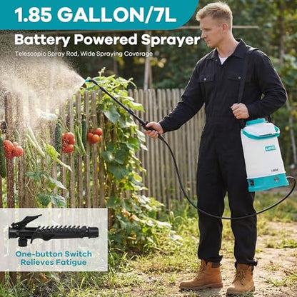 1.85 Gallon Battery Powered Sprayer with Adjustable Shoulder Strap, 0-60 PSI Adjustable Pressure, Electric Sprayer with 1 Nozzles and 1 Wands, 12V 2Ah Battery, Wide Mouth Lid for Weeding, Spraying ﻿ - size: 1.85 Gal