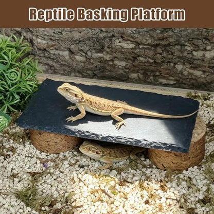 Bearded Dragon Basking Rock Platform,Reptile Basking Slate Rock with Wooden Stump,Leopard Gecko Hides and Caves Tank Accessories for Lizards,Snakes,Turtle,Ball Pythons