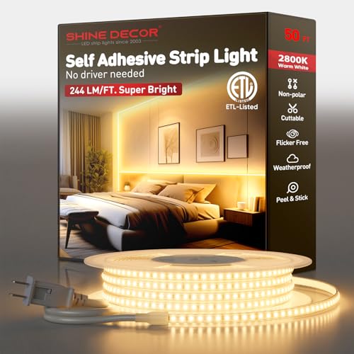Shine Decor LED Strip Light Super Bright 12000LM, Plug&Play 120V Driverless Easy Wiring, Flicker Free Weatherproof for Outdoor Indoor, Min. 3.9” Cuttable Stickable, 2800K Warm White 50FT ETL Listed - color: Warm White, size: 50 Ft