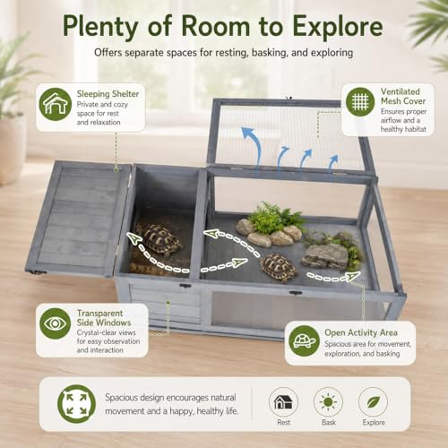 Wooden Tortoise Enclosure with Hideaway, Mesh Top and Clear Panels, Gray, 35.75" x 23.75" x 12.5", Indoor & Outdoor