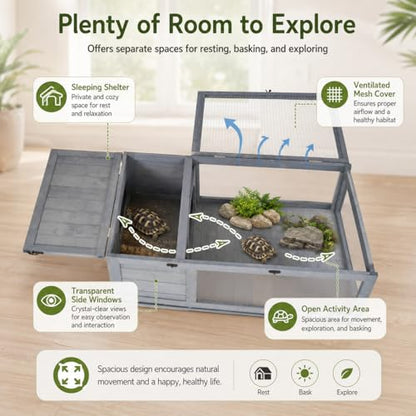 Wooden Tortoise Enclosure with Hideaway, Mesh Top and Clear Panels, Gray, 35.75" x 23.75" x 12.5", Indoor & Outdoor