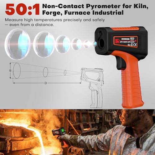 Infrared Thermometer Gun, -58°F to 3272°F, High Temp 50:1 | Built for Kilns, Furnaces & Industrial Maintenance • Fast 0.5s Response • Data Storage Function - color: Orange-Black/-58°F to 3272°F
