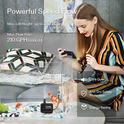 VIVOSUN 2-pack 210GPH Submersible Pump(800L/H, 8W), Ultra Quiet Water Pump with 3.3ft High Lift, Fountain Pump with 5ft Power Cord, 2 Nozzles for Fish Tank, Pond, Aquarium, Statuary, Hydroponics - size: 6"×5"-210-2-pack