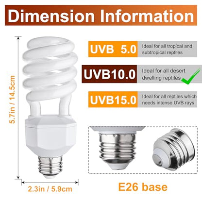 Reptile Heat Lamp Bulb and UVB Reptile Light Bulb 10.0, 100 Watt UVA Daylight Basking Spot Light with 23W UV Spiral Compact Florescent Terrarium Lamp