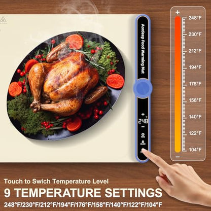 Extra Large Food Warming Mat XXL 40"x15" 550W, 8-Sec Fast Heating Silicone Warming Tray Touchscreen, 9 Temp Levels, 1-6H Timer, Child Lock, Rollable for Party Thanksgiving Buffet, Party,Beige - size: Beige-XXL 15*40in