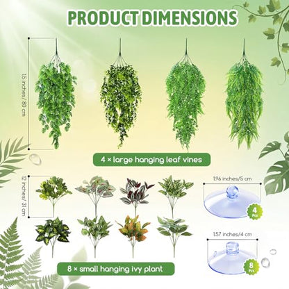 Suncalla 12 Pcs Reptile Plants Terrarium Hanging Plant Vines Artificial Leaves with Suction Cups Climbing Foliage for Bearded Dragon Lizard Gecko Snake Tank Accessories Decor (Lush Series) - style: Lush Series