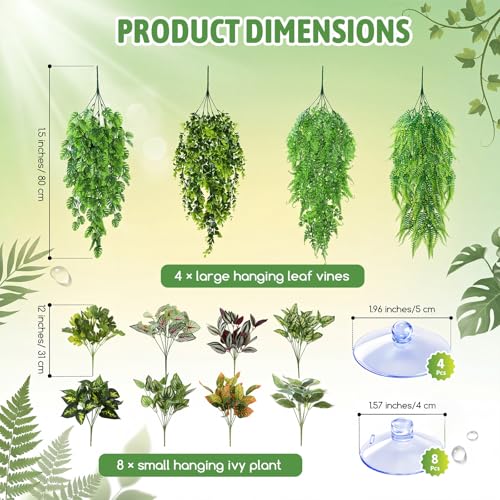 Suncalla 12 Pcs Reptile Plants Terrarium Hanging Plant Vines Artificial Leaves with Suction Cups Climbing Foliage for Bearded Dragon Lizard Gecko Snake Tank Accessories Decor (Lush Series) - style: Lush Series