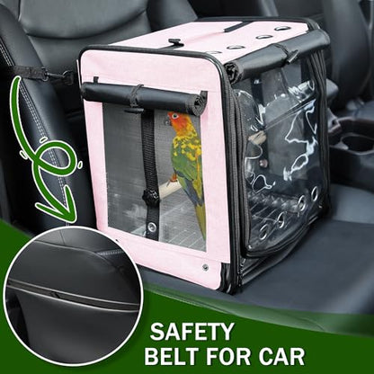 Bird Carrier with Seat Belt for Car Travel, Bird Backpack Carrier with Indestructible Stainless Steel Mesh, Large Bird Carrier Travel Cage, Pink - color: Pink, size: 13.5"L x 10.0"W x 15.5"H