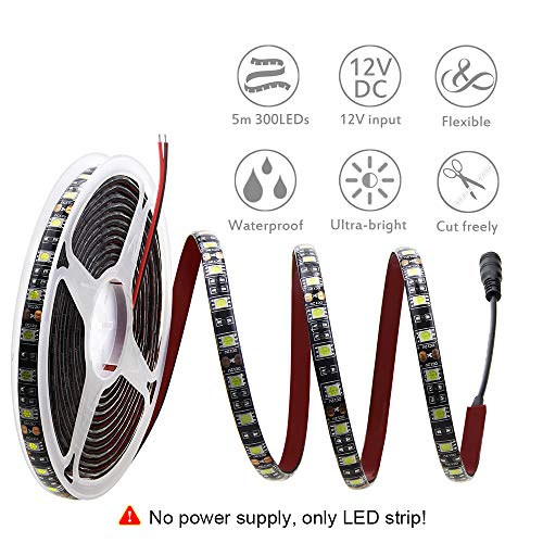 ALITOVE 16.4ft 5050 SMD Black PCB 12V White LED Strip Light Flexible Rope Lights 5M 300 LEDs LED Tape Light Waterproof IP65 DC for Home Garden Commercial Area Lighting(Without Power Supply)
